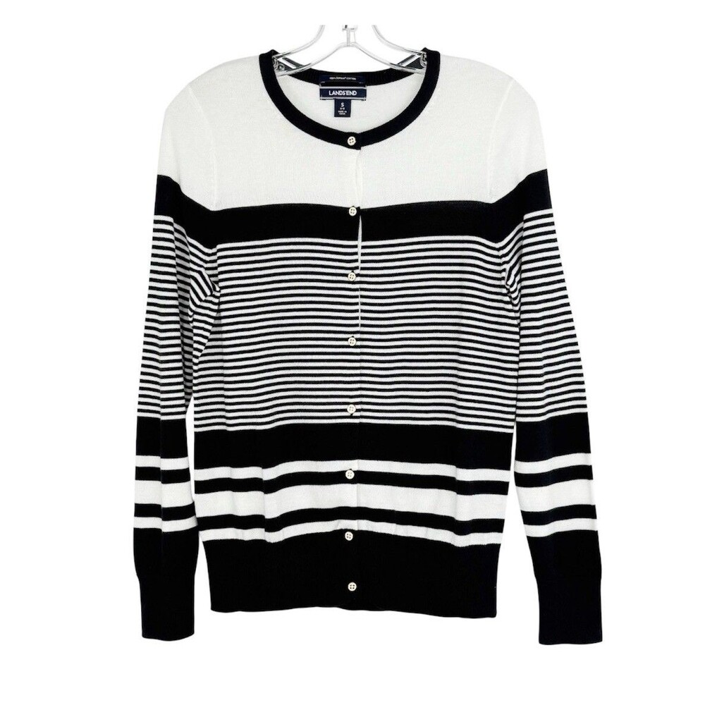 Lands End Womens Nautical Striped Cardigan Small Black White 100% Supima Cotton